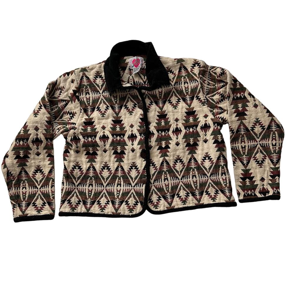 Keren Hart 90s Southwest Aztec Blanket Tapestry Corduroy‎ Collar Jacket women XL